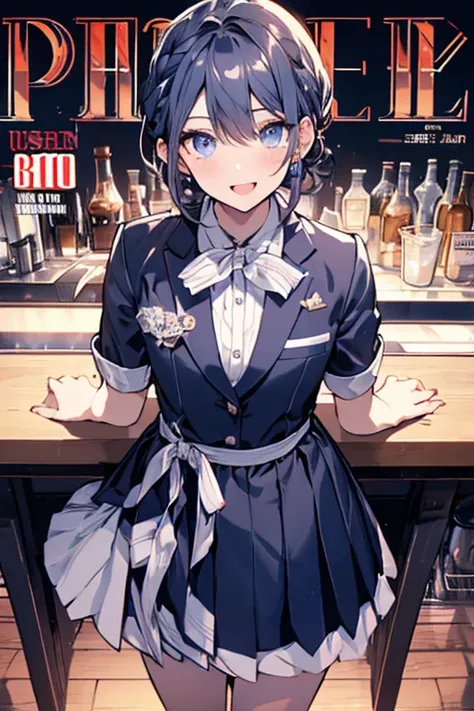 (from above:1.2,Best Quality),a girl , platinum color hair、bartender uniform,Purplish blue eyes that dreamers desire, small stature, medium , Lori face, (masutepiece:1.2, Best Quality), (finely detailed beautiful eye: 1.2), (beautifull detailed face), (per...