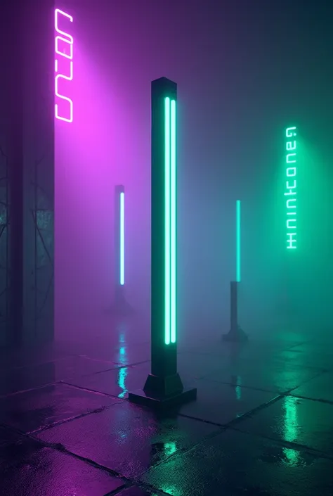 A pole close to camera surrounded by purple and green lights