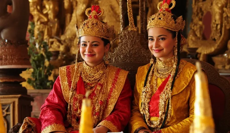 Men and women aged 45 years old in royal warrior costumes Dressed in the ancient royal decorations of Ayutthaya and exquisite jewelry. Sitting on a golden throne, behind which was a palace room decorated very beautifully, smiling happily.
