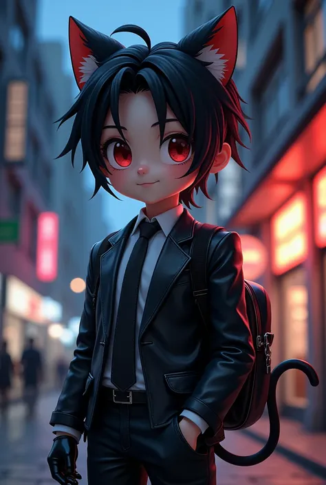   Boy in his early teens、vampire、  chibi、  black hair、 split in the center 、Cat ears、Tail、 dirty black leather suit、 black tie、Shiny black gloves、 carry a shiny black elementary school backpack、 downtown at night、neon、3d