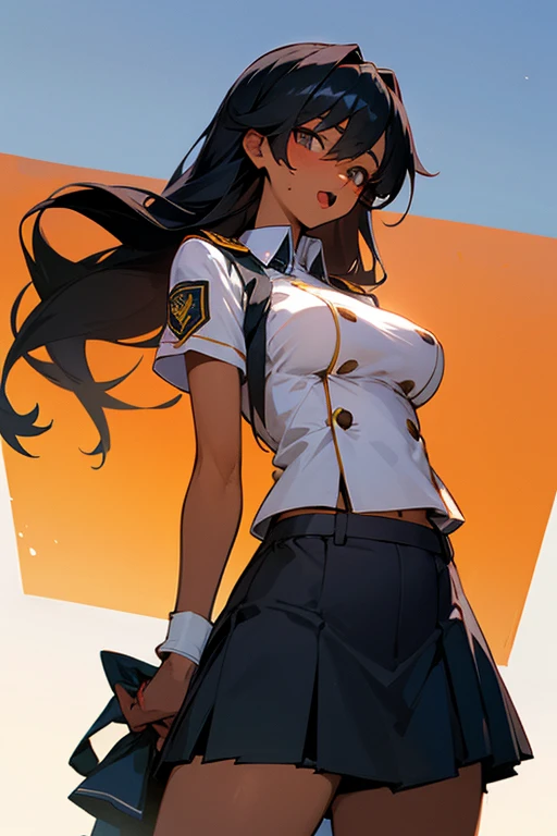 Slightly tanned, big-breasted sports girl with long black hair who comes home in uniform, a neat high school student