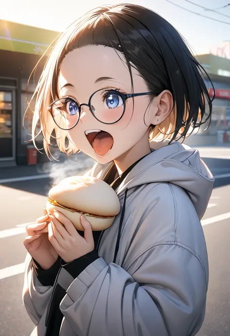 RAWphoto,photorealistic,8k16k,best quality,perfect anatomy,perfect detailed,ultra highres, extremely detailed eyes and face,gleaming skin,shiny skin,1girl,Japanese,black short hair,pixie cut, (wearing glasses:1.3),(parted bangs,forehead:1.2),round face,med...