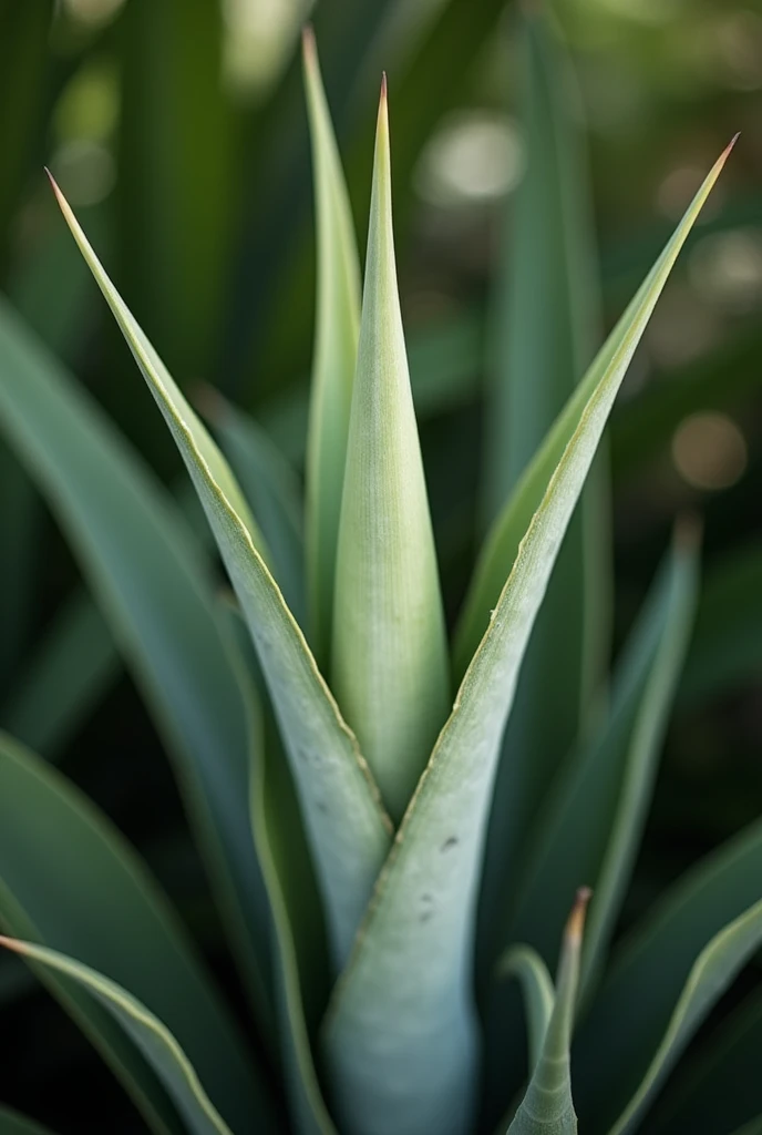 A sharp-edged pineapple leaf, elongated and pointed, with green tones fading to a slight grayish hue, photographed against a tropical background.