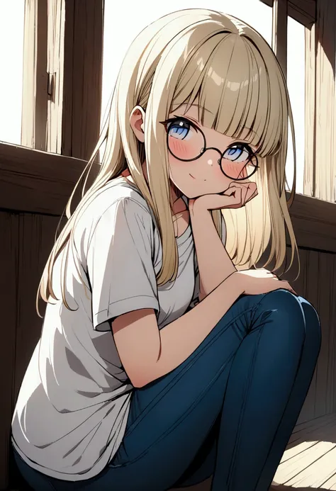 "An anime-style girl with long, straight, light blonde hair and straight bangs that softly frame her face. She wears large, round glasses with thin frames that highlight her big, light blue eyes, which have a kind and warm expression. Her skin is fair and ...