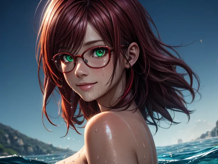  close-up , face. Short,  red hair ,  green eyes ,  metal-framed glasses , naked, wet, smiling girl in lake water. ( masterpiece fails,  top quality,  Best quality ,  official art ,  beautiful and aesthetic :1.2),  extremely detailed ,( fractal art:1.2), C...