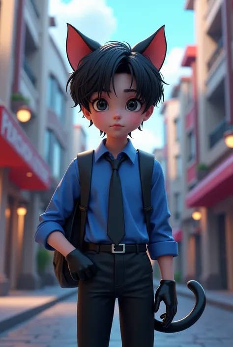   Boy in his early teens、vampire、Petite、  black hair、 split in the center 、Cat ears、Tail、  blue shirt、black tie、Shiny black gloves、 carry a shiny black elementary school backpack、 downtown、3d