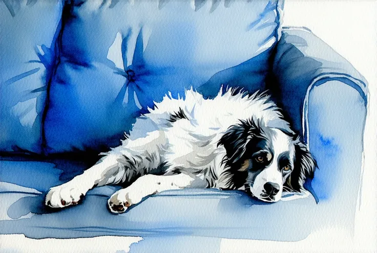 painting of a dog laying on a couch with a blue and white background, a watercolor painting, modern european ink painting, by Annabel ston, painting of cute dog, detailed matted painting, a painting of white silver, small dark grey beard, detailed watercol...