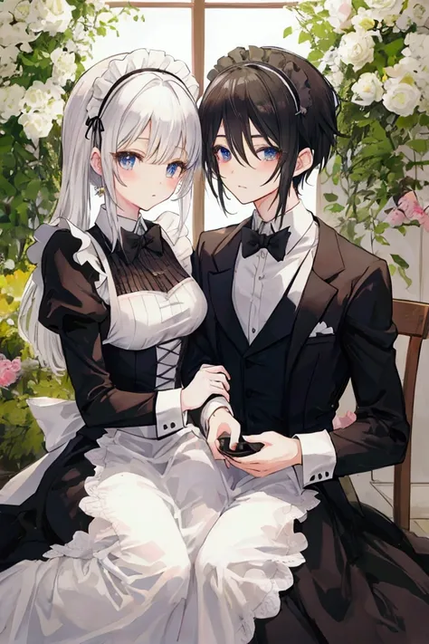 cute anime couple in maid and butler outfit