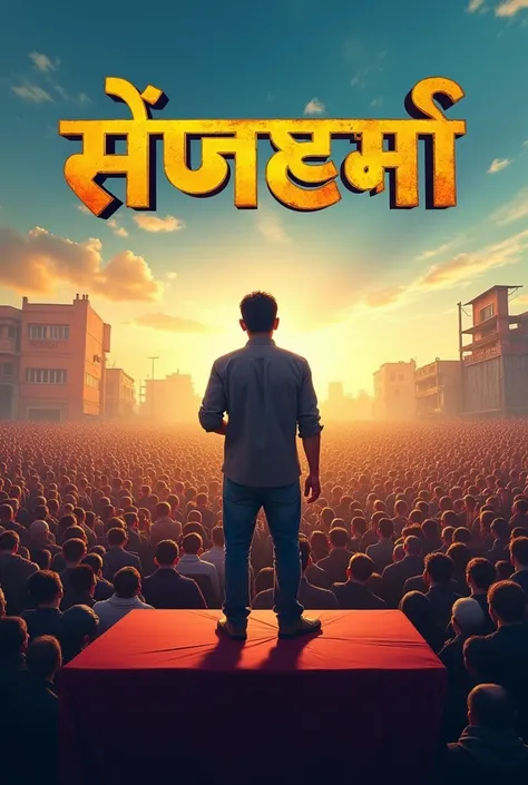 Make nepali movie poster , the title is GHANTI , One nepali man standing in poltical stage he saw from his back and  so many crowd are watching him from his front do again change stage  , write only title not other credit , the crowed have to watch his her...