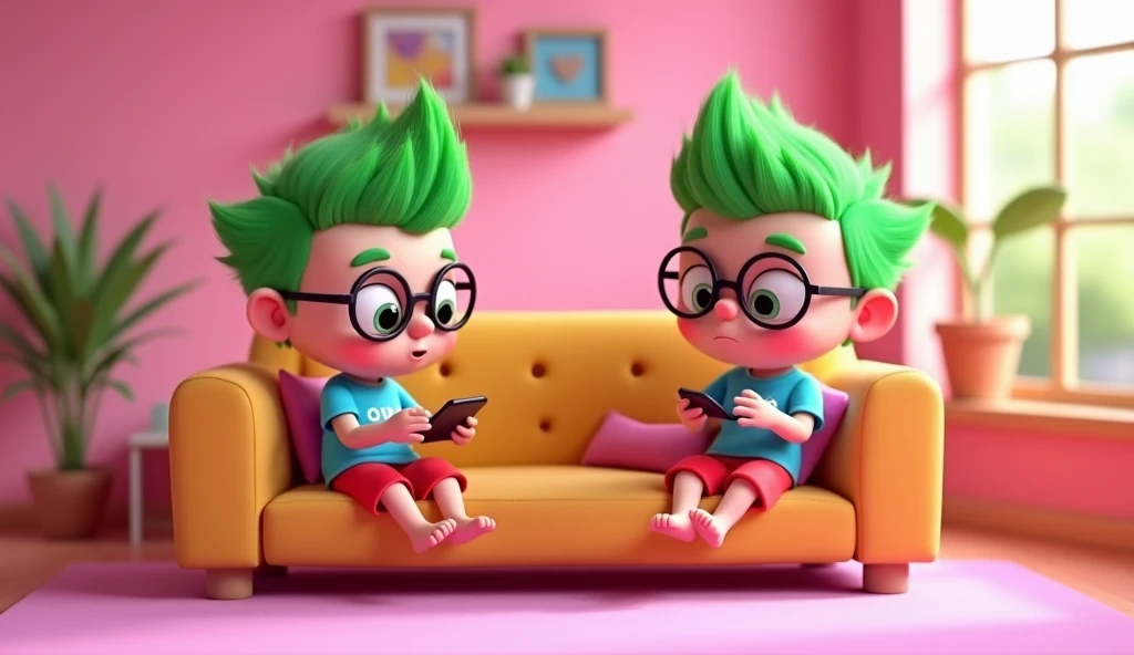 ((side views)) The style is 3D animation with a vibrant color palette, in 3 D animation image of a cute and nerdy , with big round glasses, wearing a light blue t-shirt with "owo" printed on it, red shorts , and spiky bright green hair , barefoot. sitting ...