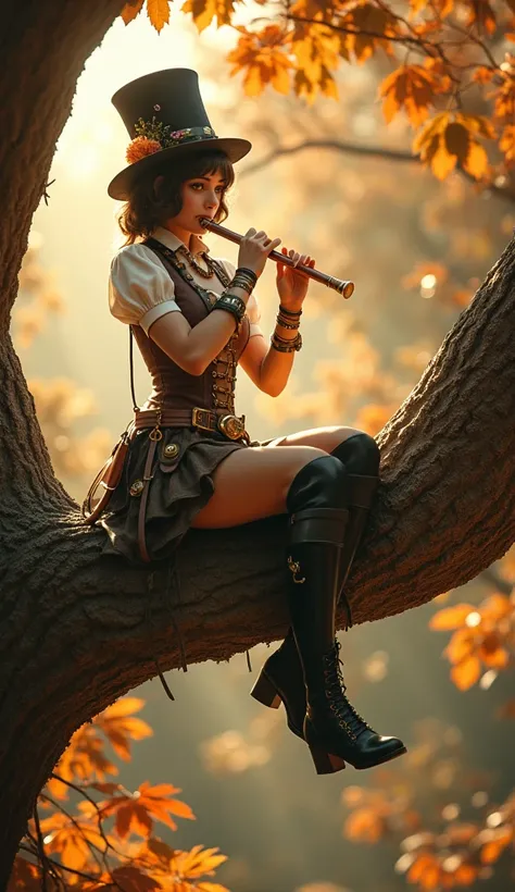 a steampunk girl, top hat,  knee length boot, playing a flute, sitting on a giant tree, autumn season, sunny day, macro focus on face