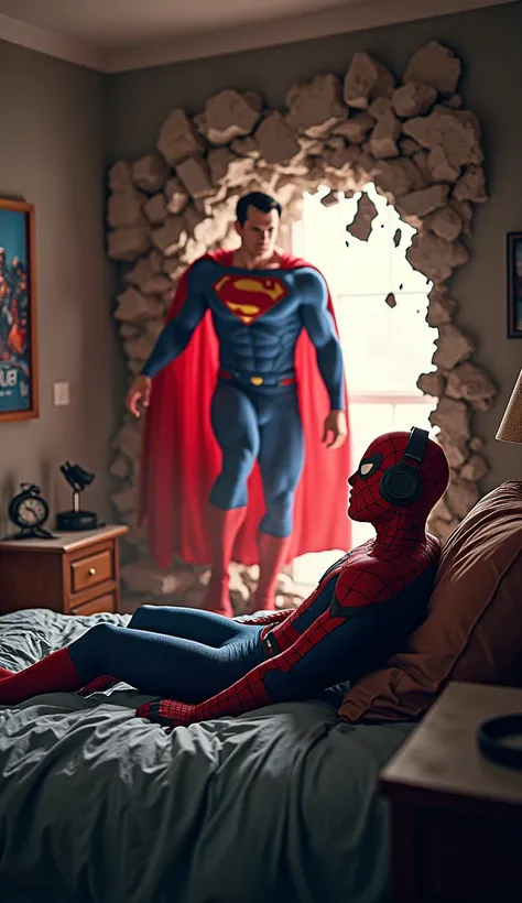 Spiderman is lying on his bed in his room listening to music. Then Superman breaks through Spidermans wall, realistic 