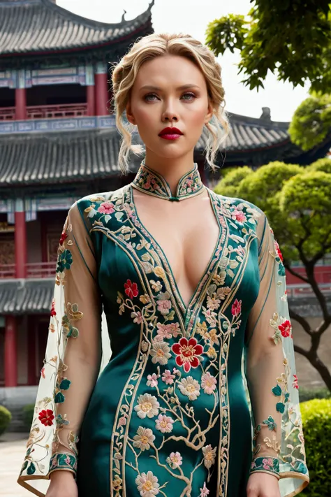 1 woman (Scarlett Johannsson, age 25, intricate silk Chinese dress with lots of embroidery sheer with several large slits, no underwear, traditional hairstyle and Chinese makeup) wandering through a palace garden
