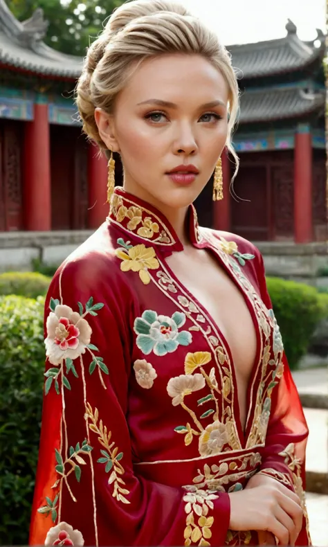 1 woman (Scarlett Johannsson, age 25, intricate silk Chinese dress with lots of embroidery sheer with several large slits, no underwear, traditional hairstyle and Chinese makeup) wandering through a palace garden
