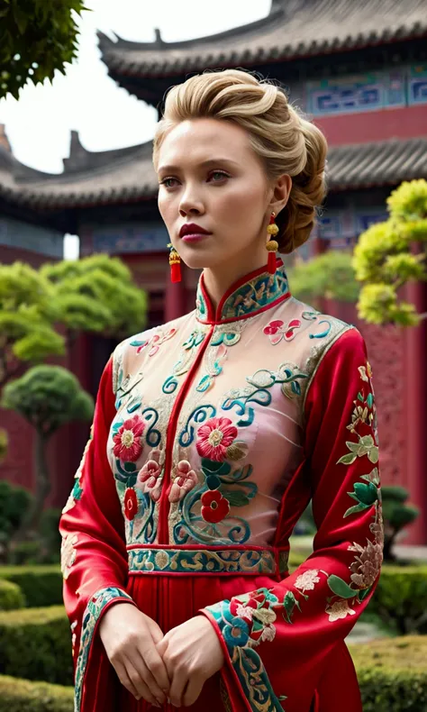 1 woman (Scarlett Johannsson, age 25, intricate silk Chinese dress with lots of embroidery sheer with several large slits, no underwear, traditional hairstyle and Chinese makeup) wandering through a palace garden
