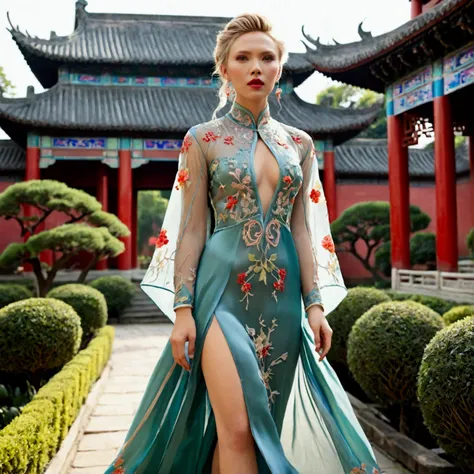 1 woman (Scarlett Johannsson, age 25, intricate silk Chinese dress with lots of embroidery sheer with several large slits, no underwear, traditional hairstyle and Chinese makeup) wandering through a palace garden
