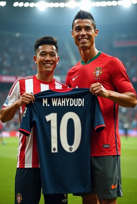 
Photo of C.ronaldo, an Portugal soccer player, next to an Indonesian Man wearing an Argentinian jersey. they are holding a soccer shirt that says M.Wahyudi 10. He is standing on the grass field. The background contains a stadium with blurry seats and othe...