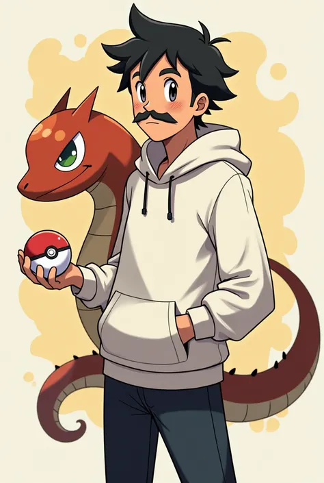 Tu peux me créer une carte pokemon avec un personnage avec un sweat a capuche blanc et un pantalon noir qui tiens une petite pokeball et un dracaufeu derrière lui.
Pour le personnage peut tu le faire un peu dodu, avec une petite moustache courte et une tre...