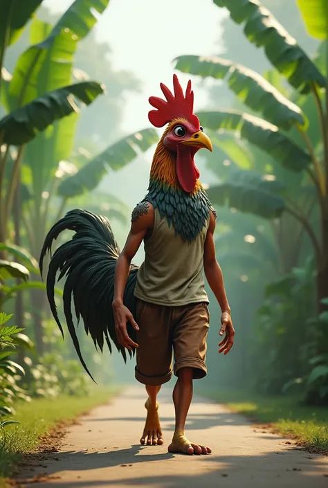 A 3D HD realistic A cocks form from head to body A boys form from body to feet
 walking on the road ,big eyes and nose and ear dressed in a simple trouser and banyan, . The scene is set amidst lush greenery, with various plants, trees, and banana trees