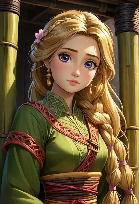 rapunzel with sad face lock up in tower rattan and bamboo wearing baju traditional