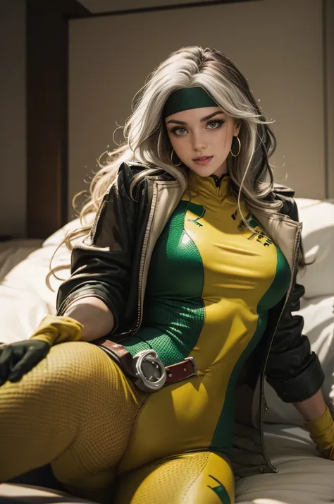 (masterpiece:1.0), (best_quality:1.2), Classic Rogue, 1991 Rogue X-Men, 1 girl, Only, full body view, medium length hair, brown hair, wavy hair, messy hair, one lock of white hair, headband, green eyes, mischievous look, smirking, parted lips, curvy figure...