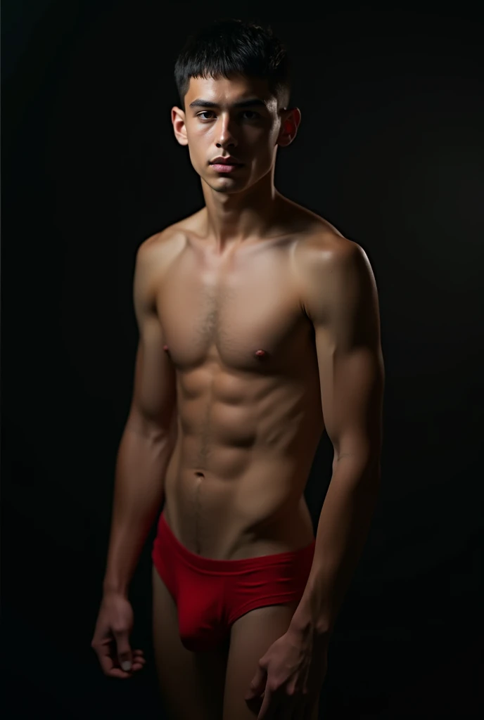  best quality ,   masterpiece ,  highres icon,  a Brazilian gay boy in the color black, in red underwear, slim physique, short straight black hair,  brown eyes ,  with hair on the belly and groin , How to look at sex , tyndall effect, photorealistic , dark...