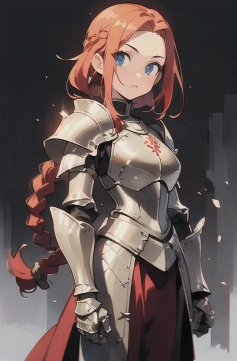 (masterpiece, ultra-detailed, high resolution, best quality:1.2), (anime, simple background, fantasy art, RPG character), (cowboy shot:1.3), (1girl, female knight), ((redhead:1.2), forehead, less volume hair), (medieval armor, pauldrons, breastplate, gaunt...