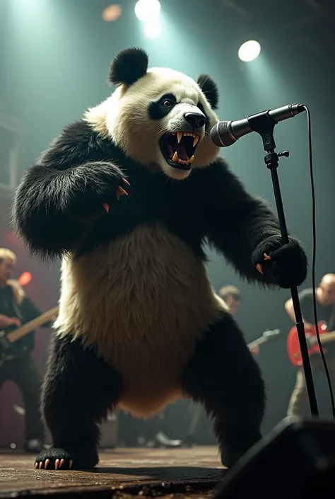 Un panda , qui chante dans un micro, dans un groupe de metalcore