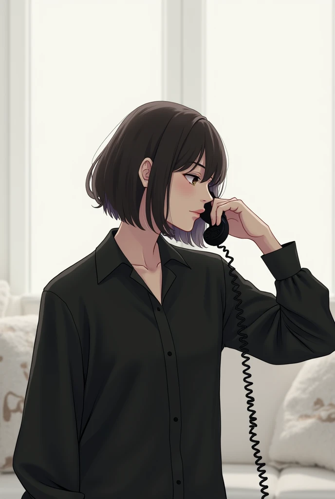 A tribute with a black blouse talking on the black phone, in your home with a white background 