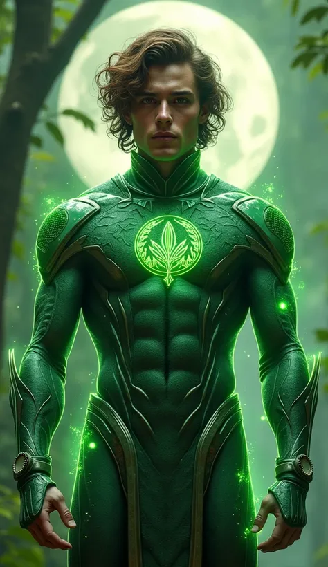 Full body photorealistic handsome hunky young slender futuristic Atlantean male hero with brown curly hair wearing a green micro scale textured costume and lunar armor ., with embosed plant symbol print on the front of the chest,,,, and wristbands that  ma...