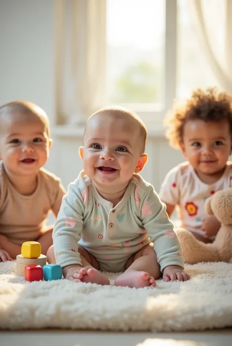 "This heartwarming image features three adorable babies sitting on a soft, cozy blanket. The baby has bright, expressive eyes and a joyful smile, wearing a light pastel-colored onesie with playful patterns. The setting is softly lit with natural light stre...