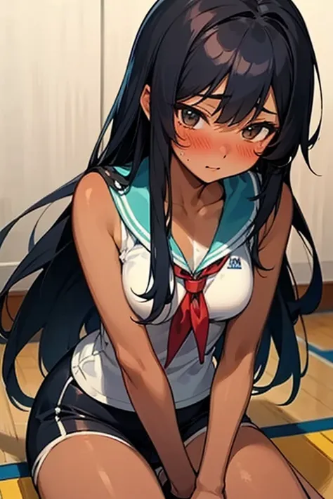 Neat high school girl with long black hair who goes to school blushing, a sports girl with slightly tanned skin and slight breasts