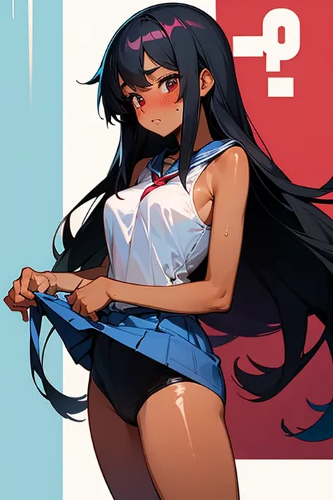 Neat high school girl with long black hair who goes to school blushing, a sports girl with slightly tanned skin and slight breasts