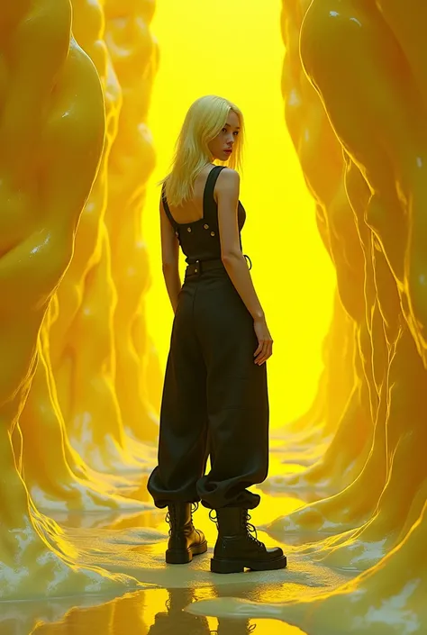 fractal fiberglass transparent shiny slimy viscous yellow UHD 8K there is a young Korean woman with bright blonde emo hair wearing long vest displaying muscular black army trousers wearing boots medium standing upright background beautiful universe view