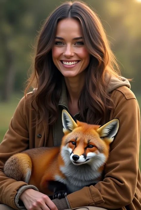 The smiling (((Gal Gadot))) holding a happy fox in her lap, photography, realistic style