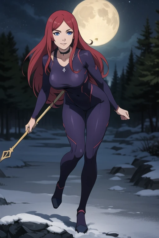 Kushina, long hair, red hair, blue eyes, mature female, large breasts, Anime girl, red hair, dark purple leotard, choker necklace, holding staff, (detailed face features:1.2),  (full body shot:1.2),  leaning slightly forward,  looking at viewer, full body,...