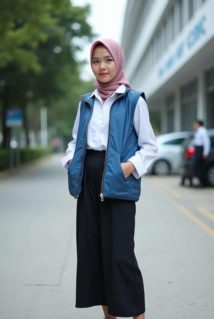 A beautiful Indonesian young woman aged 19 years old with pink hijab, neat, wearing a white long sleeve button shirt, wearing Zipper blue vest cotton 30s with four pockets without button and black long thigt skirt and wearing white sneakers. Background cli...