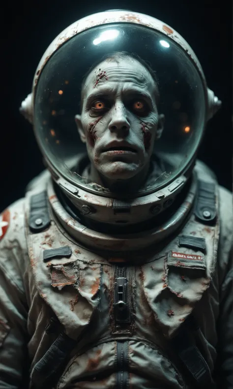 score_9, score_8_up, score_7_up, score_6_up, photo, realism, photorealistic, cowboy shot, zombie man, battered astronaut suit, zombie in space, looking at viewer, horror, dark lighting, black background, depth of field, bokeh, dead space