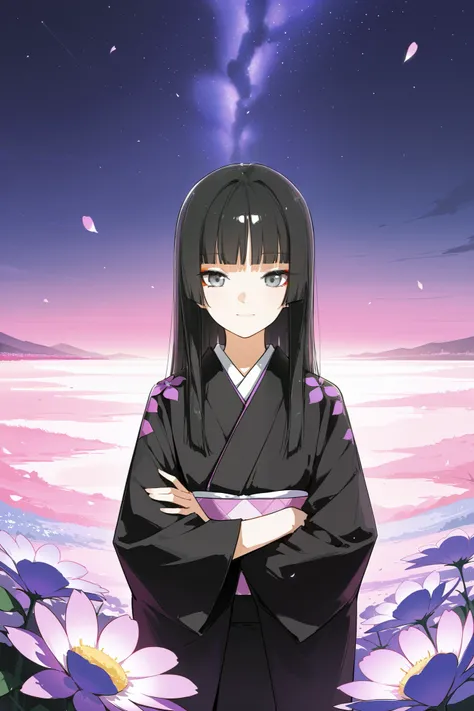 score_9, score_8_up, score_7_up, score_6_up, score_5_up, score_4_up, absurdres, artist: dino (dinoartforame). 
BREAK
1girl, standing, arms crossed, gentle smile, hime cut, grey eyes, defined eyelashes, eyeliner, black kimono with purple flower pattern, cen...