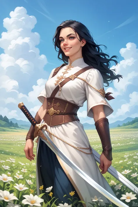  beautiful girl, long black hair,  Warriors Clothes , White Sword ,  White Flower Field , calm, Im a little happy.