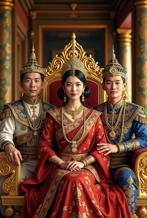 Men and women aged 40 years old in royal warrior costumes Dressed in the ancient royal decorations of Ayutthaya and exquisite jewelry. Sitting on a golden throne, behind which was a palace room decorated very beautifully, smiling happily.