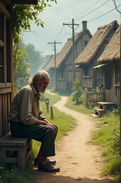 An village old man sitting beside village foot path 