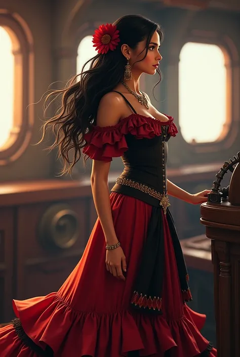 Mira, 28 Year old Spanish girl, wearing traditional Flamenco Dress: Fitted bodice with a flared, ruffled skirt featuring vibrant colors like red, black, or polka dots, often paired with a shawl, floral hair accessories, and traditional jewelry, with long, ...