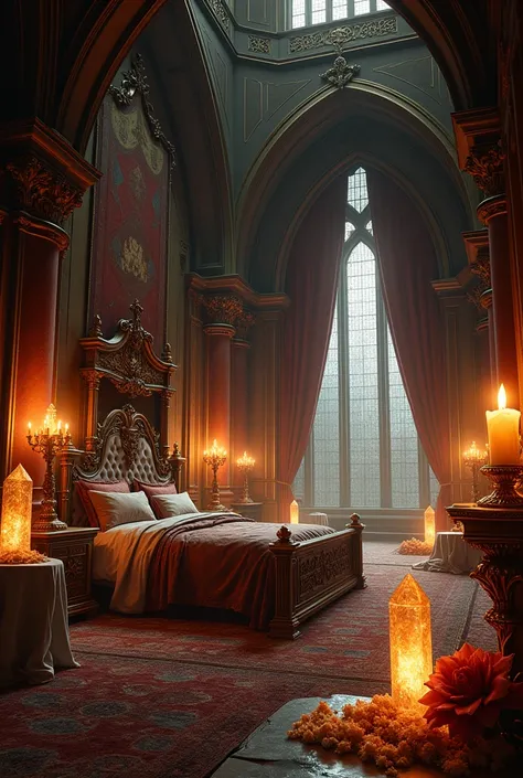 Royal big bedroom in gothic style, big, royal, fancy, orange candle light. Magical items on display, dark ambient, crystals, magic, fantasy