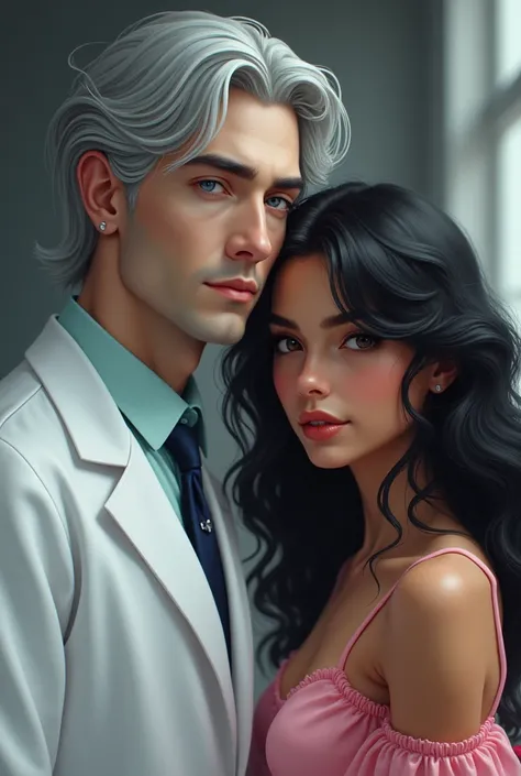 Make a silver-haired doctor with pale skin and blue eyes, who is Chinese, standing next to a tanned-skinned girl with black eyes and black wavy hair, wearing a cute pink dress