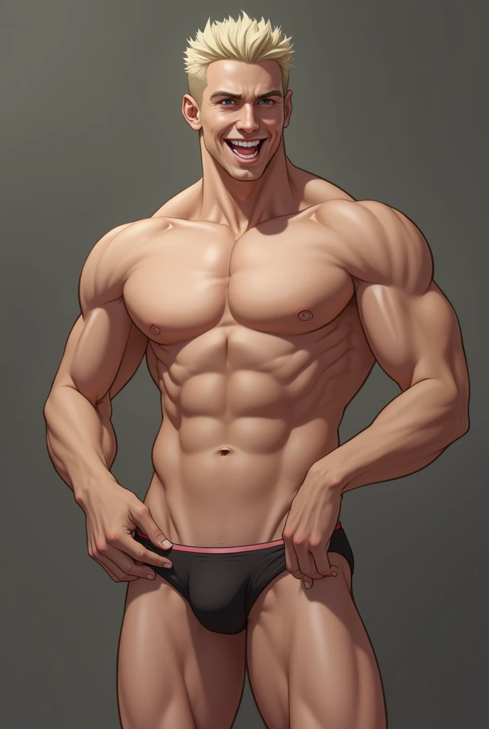 Man, young, handsome, Blonde, White, muscle, Beautiful breasts, Beautiful face, Beautiful legs, BIG Dick, sweat, open your legs, underwear, touch ones body, 舌,  sticks out his tongue ,  open mouth , saliva, Grin,  stick out your tongue,  座る, ベッド, 