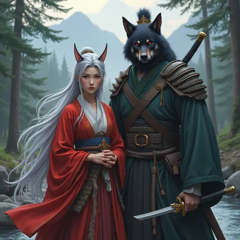 Beautiful Korean woman with silver hair in kimono and red robe holding samurai elf ears there is big tall man wearing combat shirt holding samurai flat facial expression and there is a red eyed black wolf with claws background forest river mountains