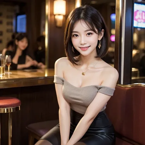 Photorealistic, high-quality 32k photo of a beautiful Chinese girl in an elegant outfit, with detailed eyes and an appreciative smile, enjoying a live jazz performance.  She’s wearing an off-shoulder top and long-length pencil skirt with modest jewelry, he...