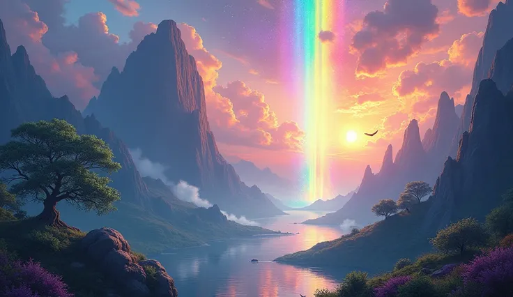 Create an epic illustration of a mystical mountain landscape, where nature and universal consciousness meet in an explosion of color and light.
In the foreground, massive, smooth rocks rise from the ground, their polished surfaces reflecting divine light. ...