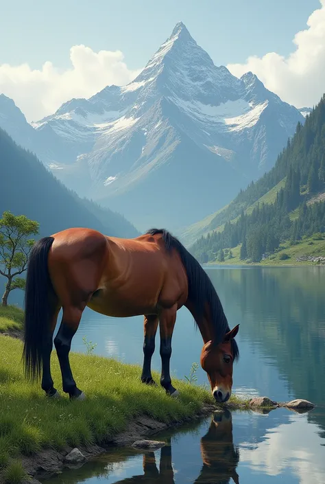 A horse is eating grass by the black water near the mountain of Sulaiman Mountain